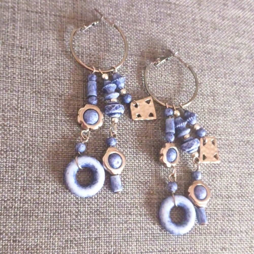 Blue Jean Color Plastic Earrings on Silver Hoops - Pre-loved (3') - Picture 1 of 2